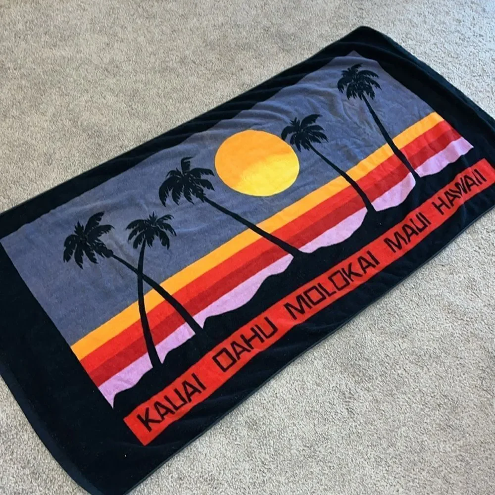Vintage sun set retro rainbow stripe Palm trees aloha Hawaii Islands Beach Towel